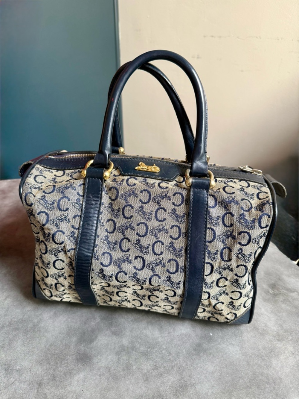 Celine Vintage Navy Leather Trim Monogram Satchel with Navy Blue Leather Lining - Picture 2 of 16
